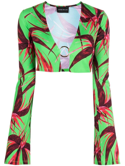 Louisa Ballou Printed Cropped Cardigan In Green Red Flowe