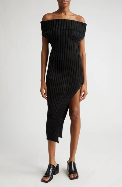 A. Roege Hove Ara Ribbed Off The Shoulder Asymmetric Sweater Dress In Schwarz