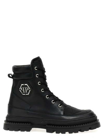 Philipp Plein Logo-plaque Leather Ankle Boots In Black