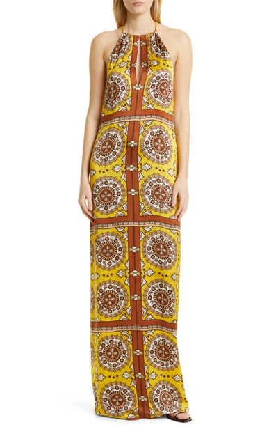 Nili Lotan Rigel Silk Scarf Maxi Dress In Scarf Print Yellow