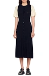 Sandro Ribbed-knit Button-up Midi Dress In Black
