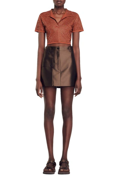 Sandro Dada Satin Cargo Mini Skirt In Brown