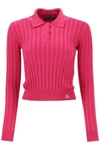 Dolce & Gabbana Long-sleeved Polo Shirt In Ribbed Knit In Fuchsia