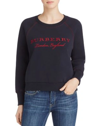 Burberry Embroidered Cotton Blend Jersey Sweatshirt In Navy