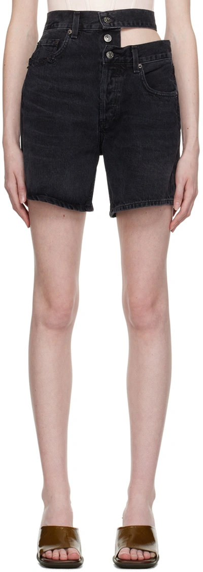 Agolde Black Broken Waistband Denim Shorts In Course (washed Black