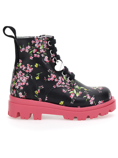 Monnalisa Floral Coated Fabric Combat Boots In Black + Sacket Pink