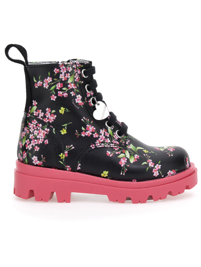 Monnalisa Kids'   Floral Coated Fabric Combat Boots In Black + Sacket Pink