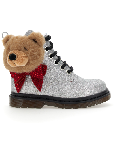 Monnalisa Fine Glitter Combat Boots With Maxi Teddy Bear In Silver Glitter