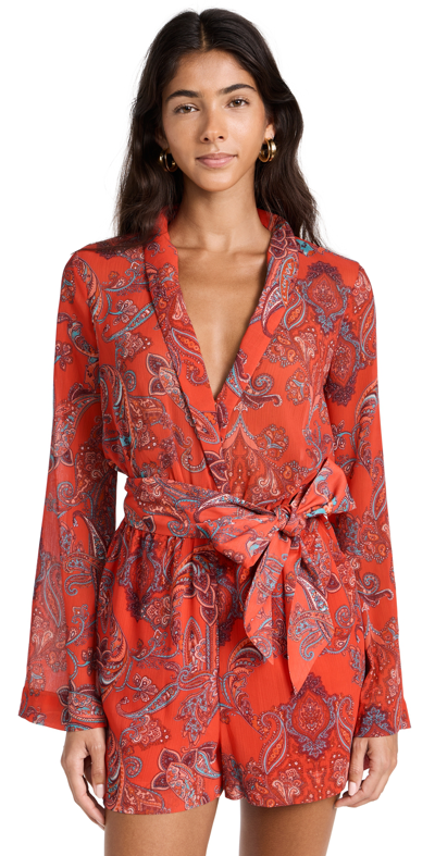 L Agence Arabell Long-sleeve Romper In Fire Red Multi Large Paisley