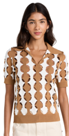 Tory Burch Cutout Argyle Stretch-knit Polo Shirt In Golden Maple/ivory