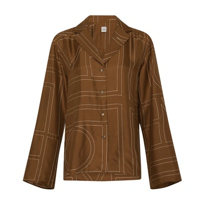 Totême Brown Blouse With All-over Embroidered Contrasting Logo In Silk Woman