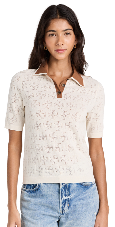 Tory Burch T Monogram Cotton Pointelle Polo In New Ivory