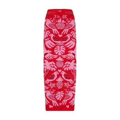 Farm Rio Jungle Scarf Red Knit Midi Skirt In Jungle_scarf_red