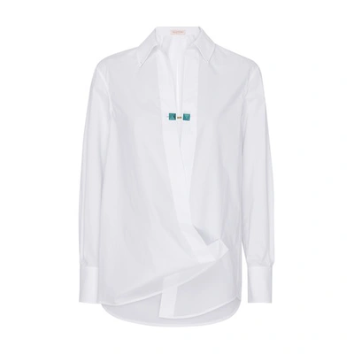 Valentino Sartorial Popeline Roman Stud Toggle Collared Shirt In Bianco_ottico