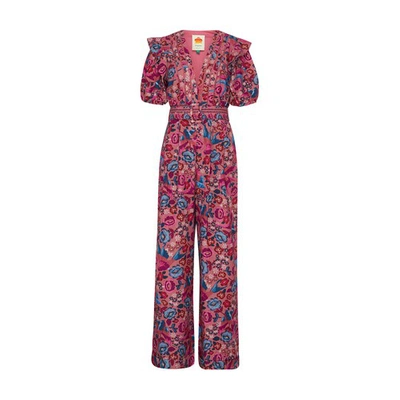 Farm Rio Floral Birds Blush Jumpsuit In Floral_birds_blush