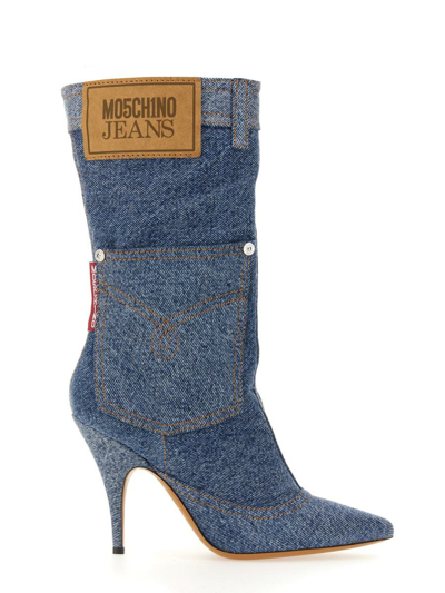 Moschino Jeans 115mm Logo-patch Denim Boots In Blue