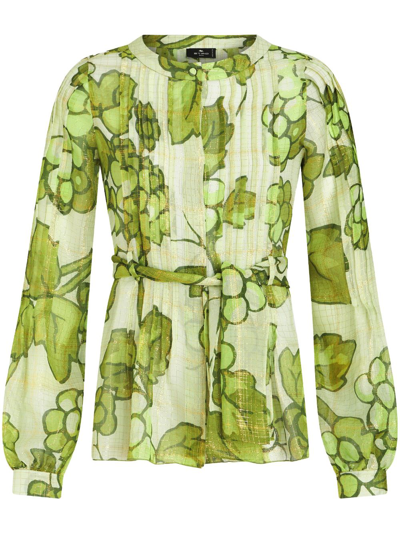 Etro Berry-print Pleated Lurex Blouse In Green