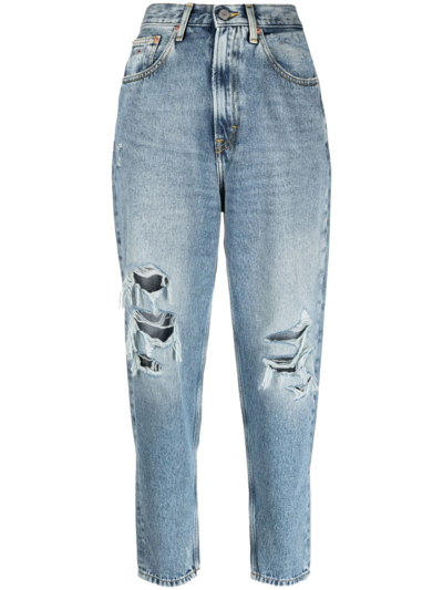 Tommy Jeans Distressed Cropped Tapered Jeans In Blue