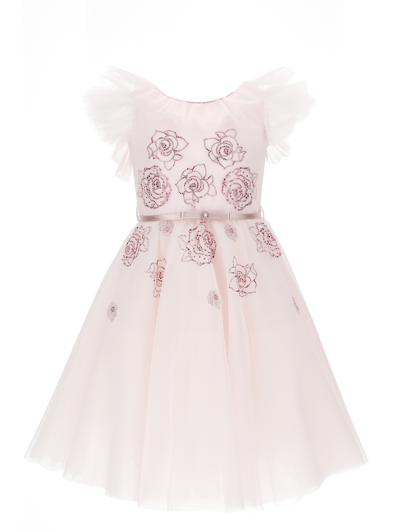 Monnalisa Kids' Rhinestone-embellished Tulle Dress In Dusty Pink Rose