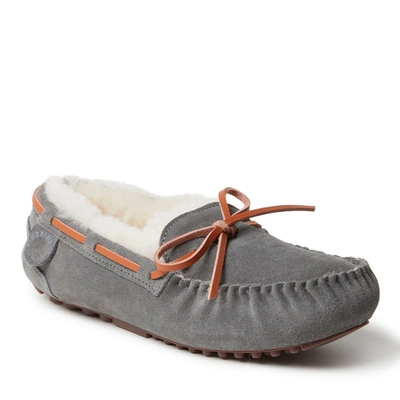 Dearfoams Fireside By  Women's Victoria Genuine Shearling Moccasin With Tie In Grey