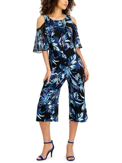 Connected Apparel Petites Womens Printed Wide Leg Jumpsuit In Blue