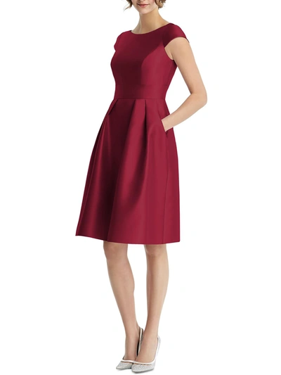 Alfred Sung Bateau-neck Cap-sleeve Pleated Skirt Sateen Twill Dress W/ Pockets In Red