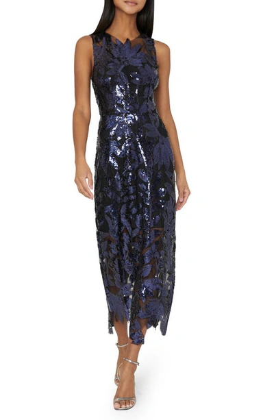 milly kinsley sequin dress Milly Kinsley Floral Sequins Midi-Dress In Navy Silver - 30% Off