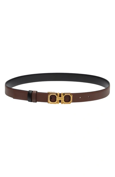 Ferragamo Gancio Ellipse Buckle Reversible Leather Belt In Cocoa Brown/ Nero