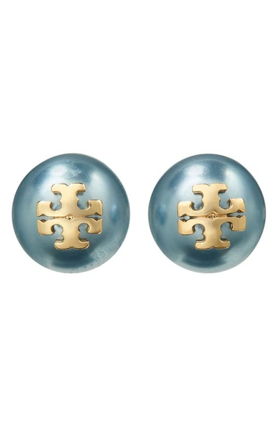 Tory Burch Kira Imitation Pearl Stud Earrings In Tory Gold / Blue