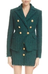 Balmain Tweed Double-breasted Blazer Jacket In Green