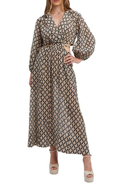Bardot Stevie Geo Print Long Sleeve Cutout Maxi Dress In Beige Abstract