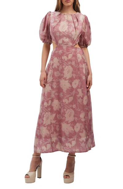 Bardot Fontana Floral Puff Sleeve Cutout Midi Dress In Pink