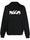 Msgm Black Hoodie With Spacious Hood And Graphic Logo In Black