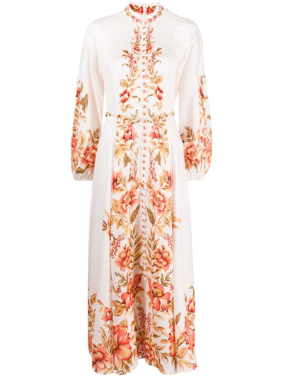 Zimmermann Womens Peach Floral Vacay Floral-print Ballon-sleeve Linen Midi Dress In White