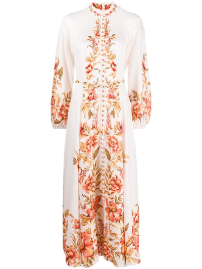 Zimmermann Vacay Billow Belted Floral-print Linen Maxi Dress In Peach Floral