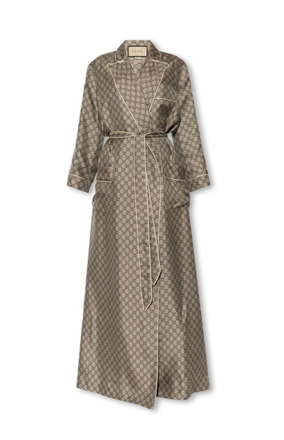 Gucci Gg Supreme Belted Gown In Camel/ebony/mix2