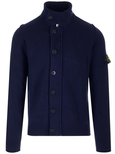 Stone Island High Neck Logo Patch Ribbed Cardigan In Blue