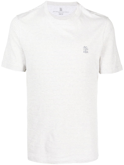 Brunello Cucinelli Cotton-linen Striped T-shirt In White