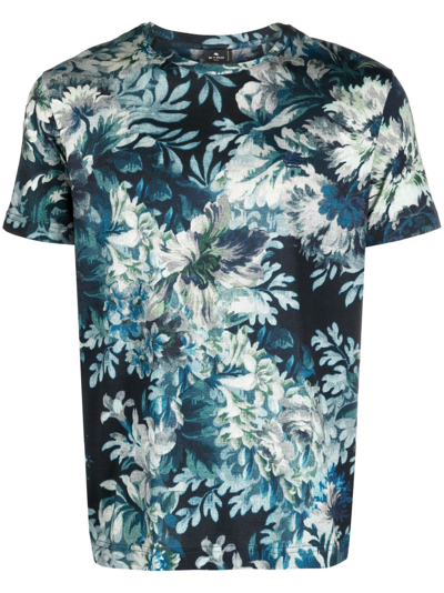 Etro T-shirt Mit Floralem Print In Navy Blue