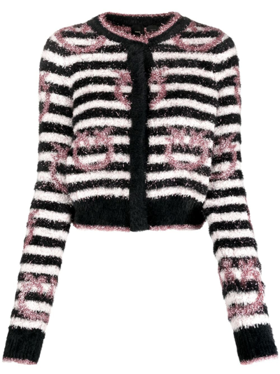 Pinko Logo-print Striped Cardigan In Blanc/noir/rose