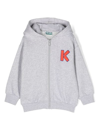 Kenzo Kids' Logo刺绣拉链连帽衫 In Grey