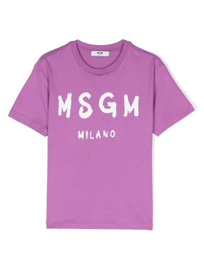 Msgm Kids' Logo-print Cotton T-shirt In Lilla