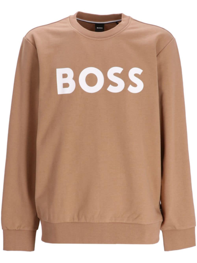 Hugo Boss Flocked-logo Cotton Sweatshirt In Medium Beige