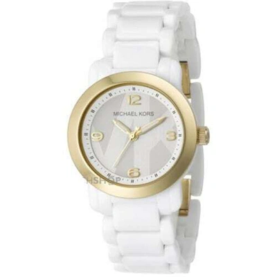 Pre-owned Michael Kors New- Gold Tone,mk Logo Dial,white Acrylic Band, Watch-mk4233
