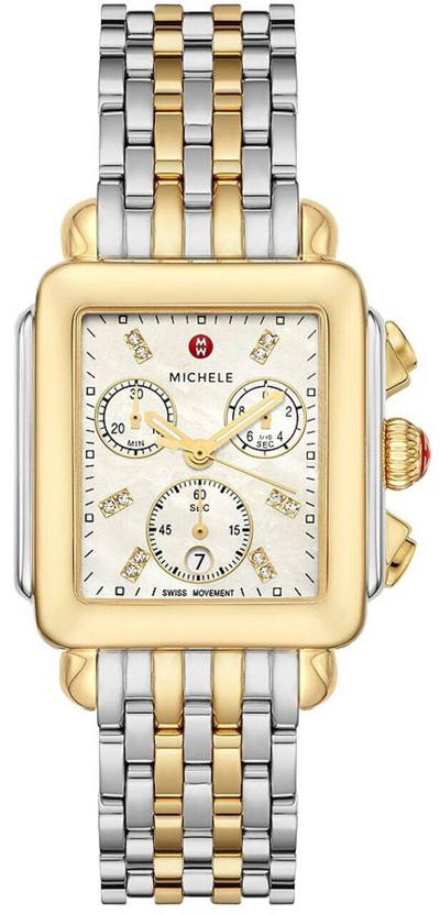 Pre-owned Michele Deco Two-tone 18k Diamond Women White Mother Of Pearl Mww06a000779