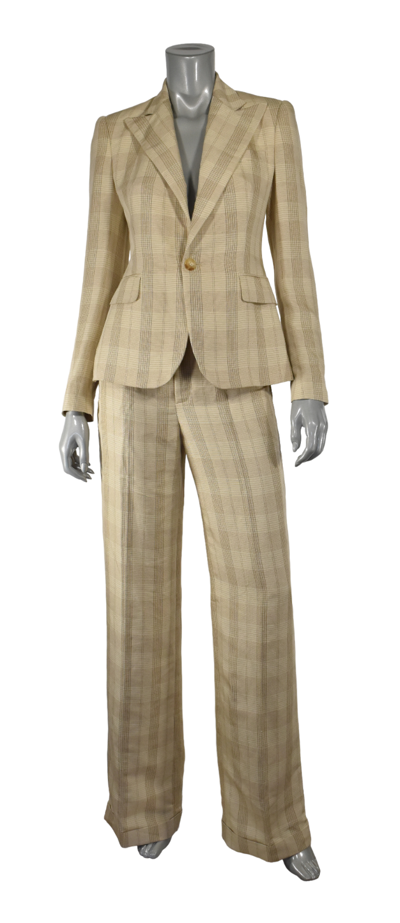 Pre-owned Ralph Lauren Women's  Black Label Plaid Linen Silk Pant Suit $2150 In Brown