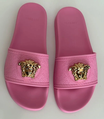 Pre-owned Versace $450  Gold Medusa Head Slides Sandals Flamingo Pink 11 (41) 1004190