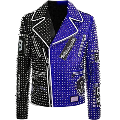 Pre-owned Handmade Men's Black & Blue Silver Studded & Patches Genuine Leather Biker Fashion Jacket In Same As Shown In Picture