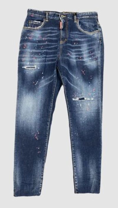 Pre-owned Dsquared2 $820  Women's Blue Splatter Distressed Twiggy Jeans Pants It 52/ Us 16