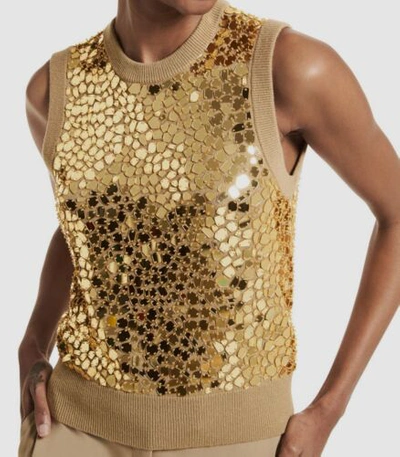 Pre-owned Michael Kors $1590  Women's Gold Cashmere Sequin-embellished Sweater Vest Size L